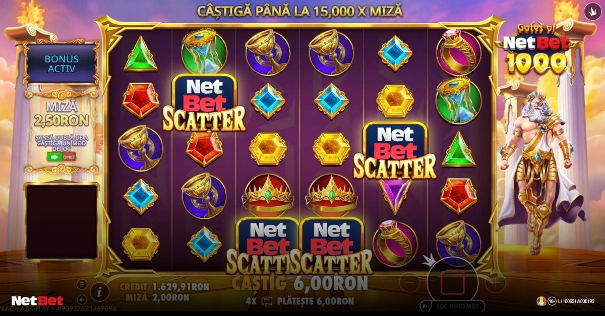 Grila de joc Gates of NetBet 1000 cu multiplicatori de 500x activați.
