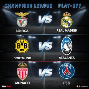 Grafică pariuri sportive pentru meciurile din play-off-ul Champions League, februarie 2026.