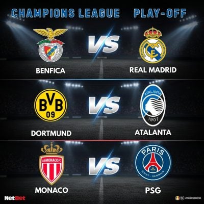 Grafică pariuri sportive pentru meciurile din play-off-ul Champions League, februarie 2026.
