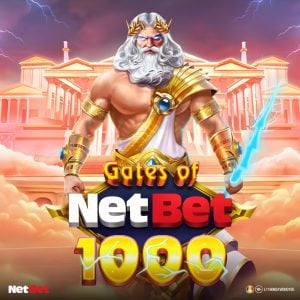 Zeus lansând fulgere în jocul de păcănele Gates of NetBet 1000 la NetBet Cazino.