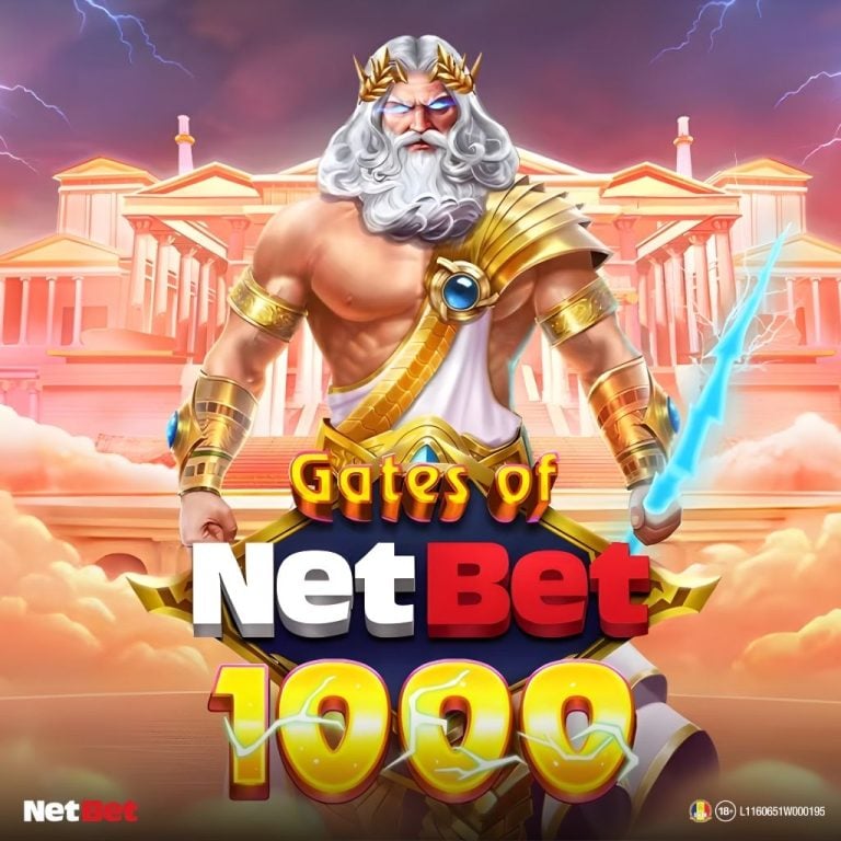 Zeus lansând fulgere în jocul de păcănele Gates of NetBet 1000 la NetBet Cazino.