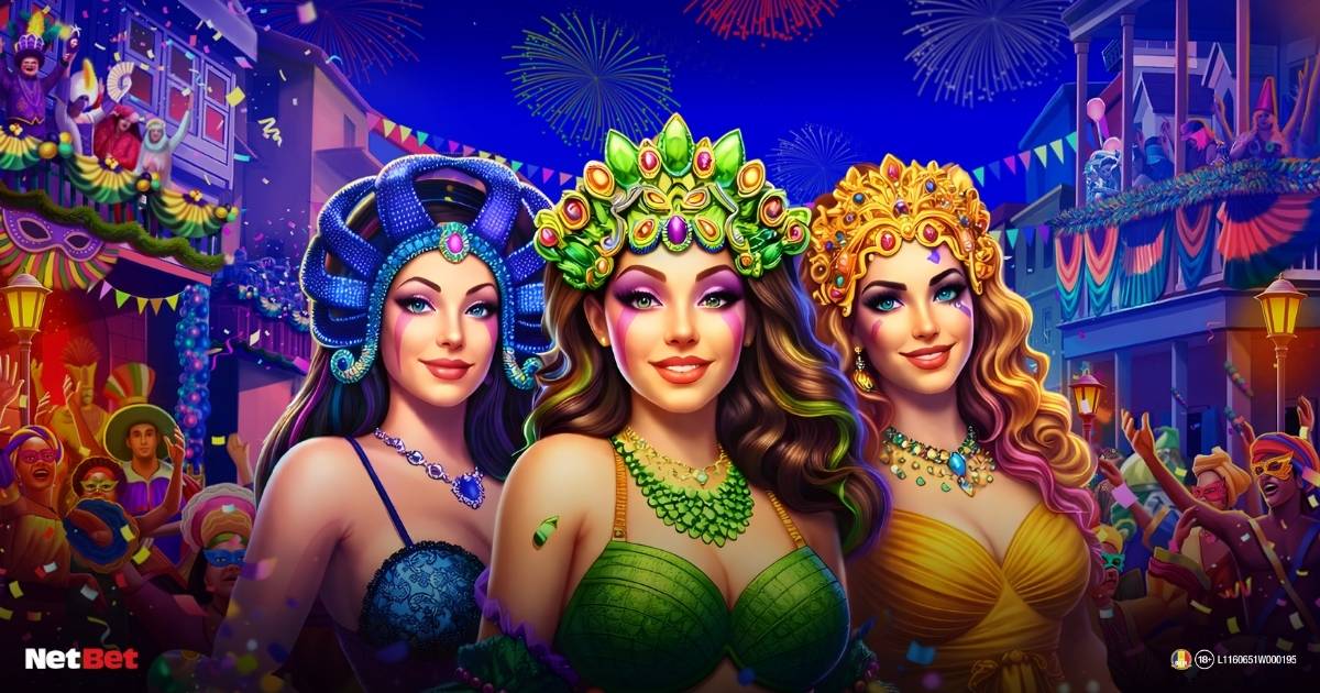 Atmosferă vibrantă de carnaval în slotul Mardi Gras Super Wins cu simboluri mască și multiplicatori