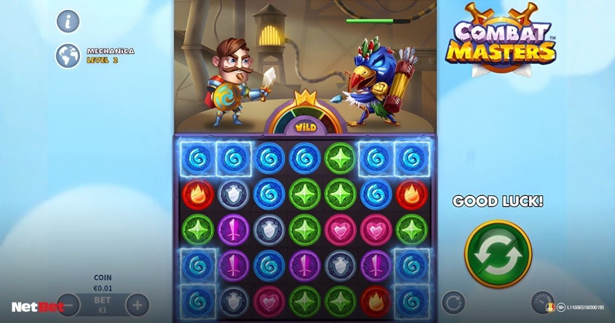 Captură din gameplay Combat Masters cu grilă 7x5 și simboluri în cluster