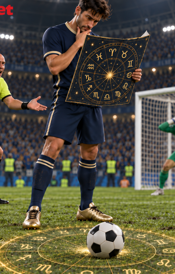 Minge de fotbal pe un cerc zodiacal, pe teren, între fotbaliști